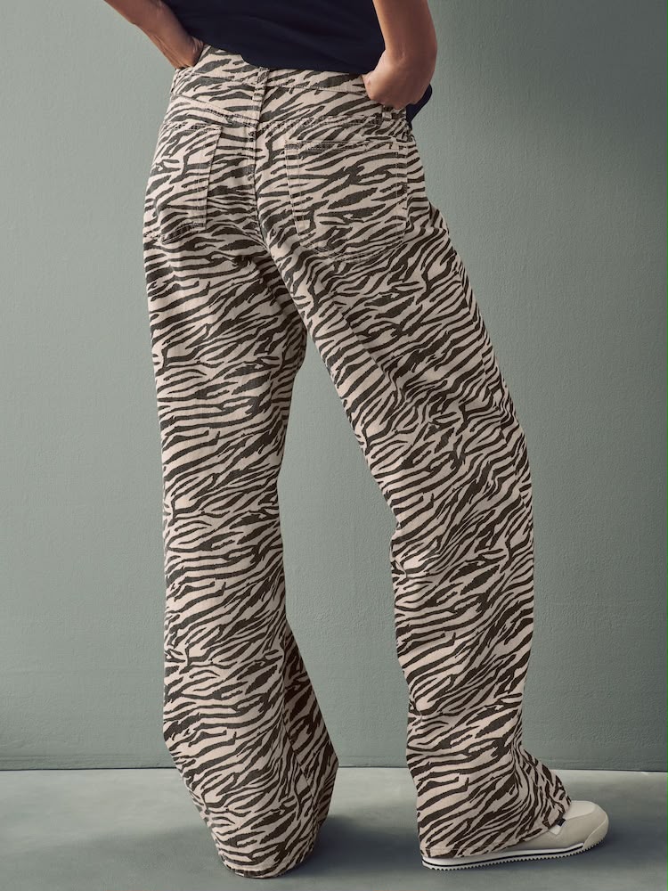 Zebra Print Cotton Wide Leg Jeans