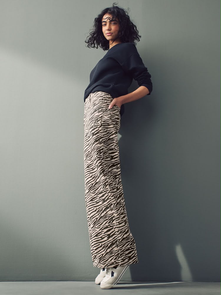Zebra Print Cotton Wide Leg Jeans
