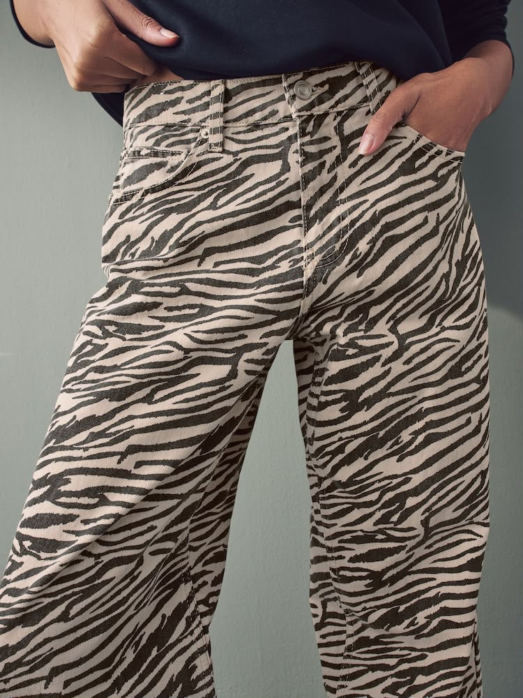 Zebra Print Cotton Wide Leg Jeans