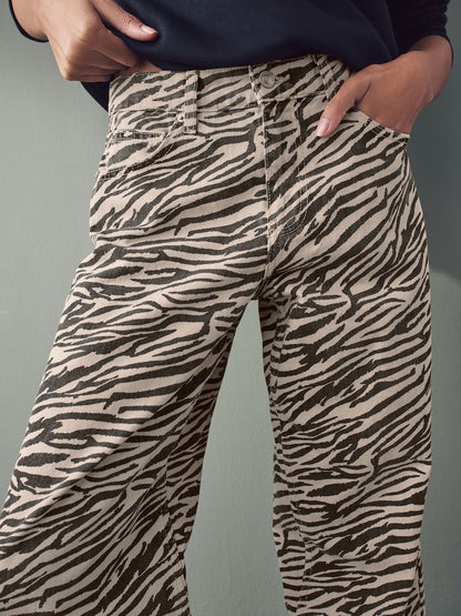 Zebra Print Cotton Wide Leg Jeans