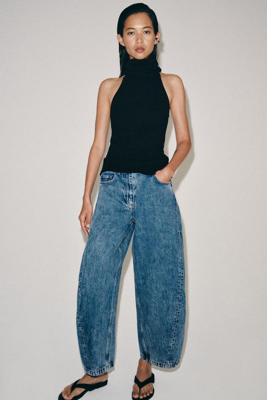 Mid Waist Balloon Leg Ankle Length Jeans