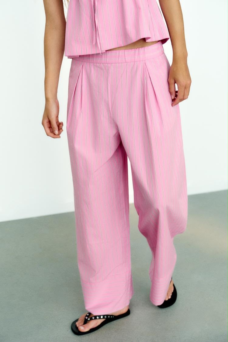 Striped Poplin Wide Leg Trouser