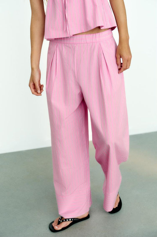 Striped Poplin Wide Leg Trouser