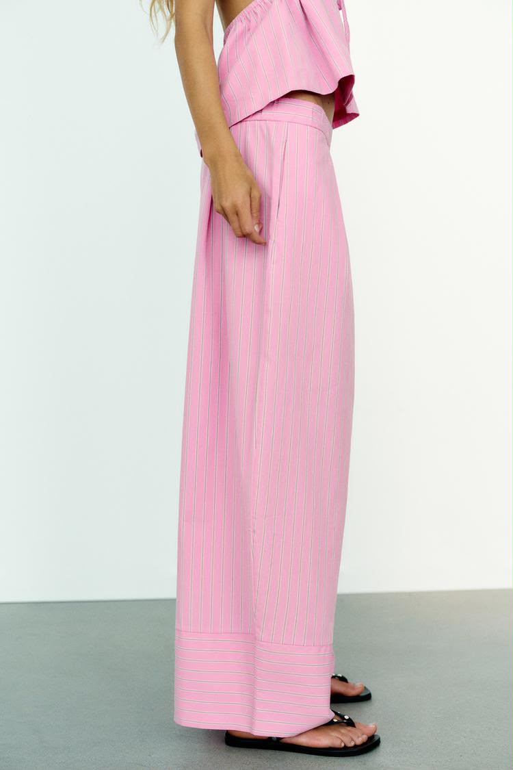 Striped Poplin Wide Leg Trouser