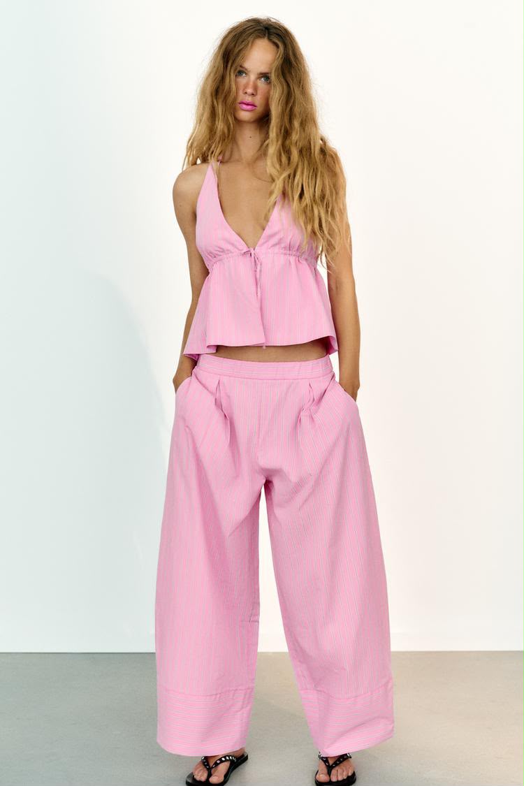 Striped Poplin Wide Leg Trouser
