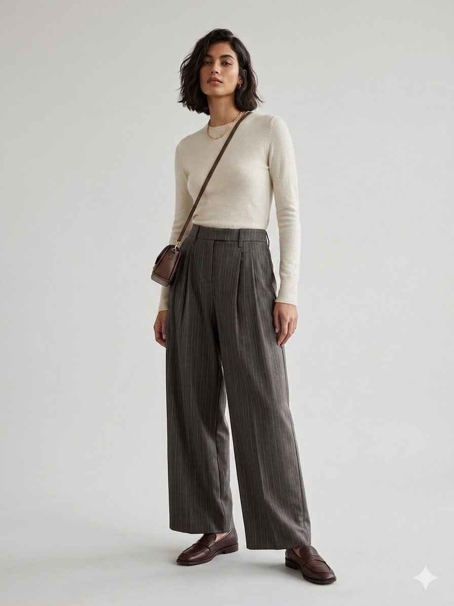 Pleats Dark Grey Strip Loose Trouser