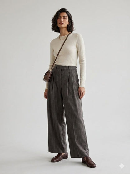 Pleats Dark Grey Strip Loose Trouser