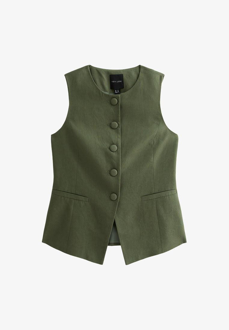 Crew Neck Linen Blend Khaki Green Waistcoat