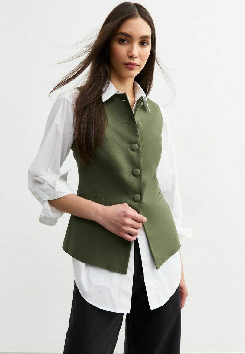 Crew Neck Linen Blend Khaki Green Waistcoat