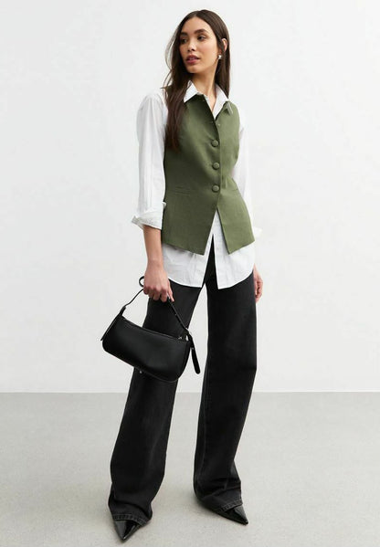 Crew Neck Linen Blend Khaki Green Waistcoat