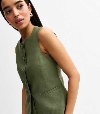 Crew Neck Linen Blend Khaki Green Waistcoat