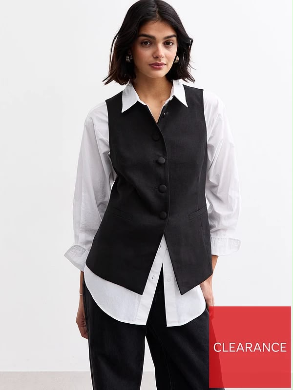 Crew Neck Linen Blend Waistcoat Black