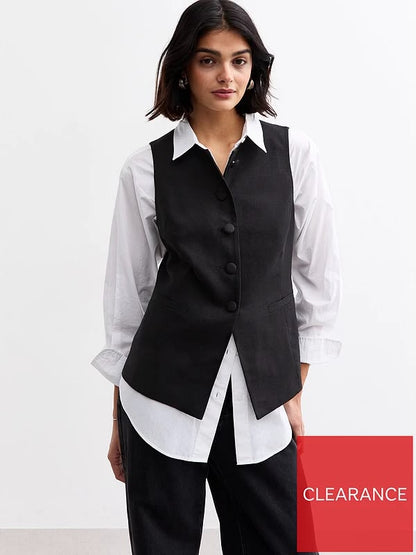 Crew Neck Linen Blend Waistcoat Black