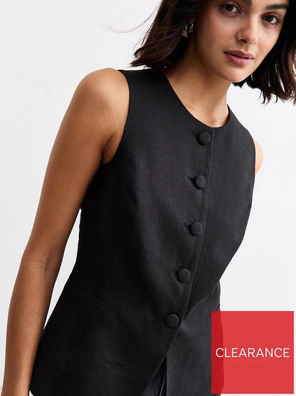 Crew Neck Linen Blend Waistcoat Black