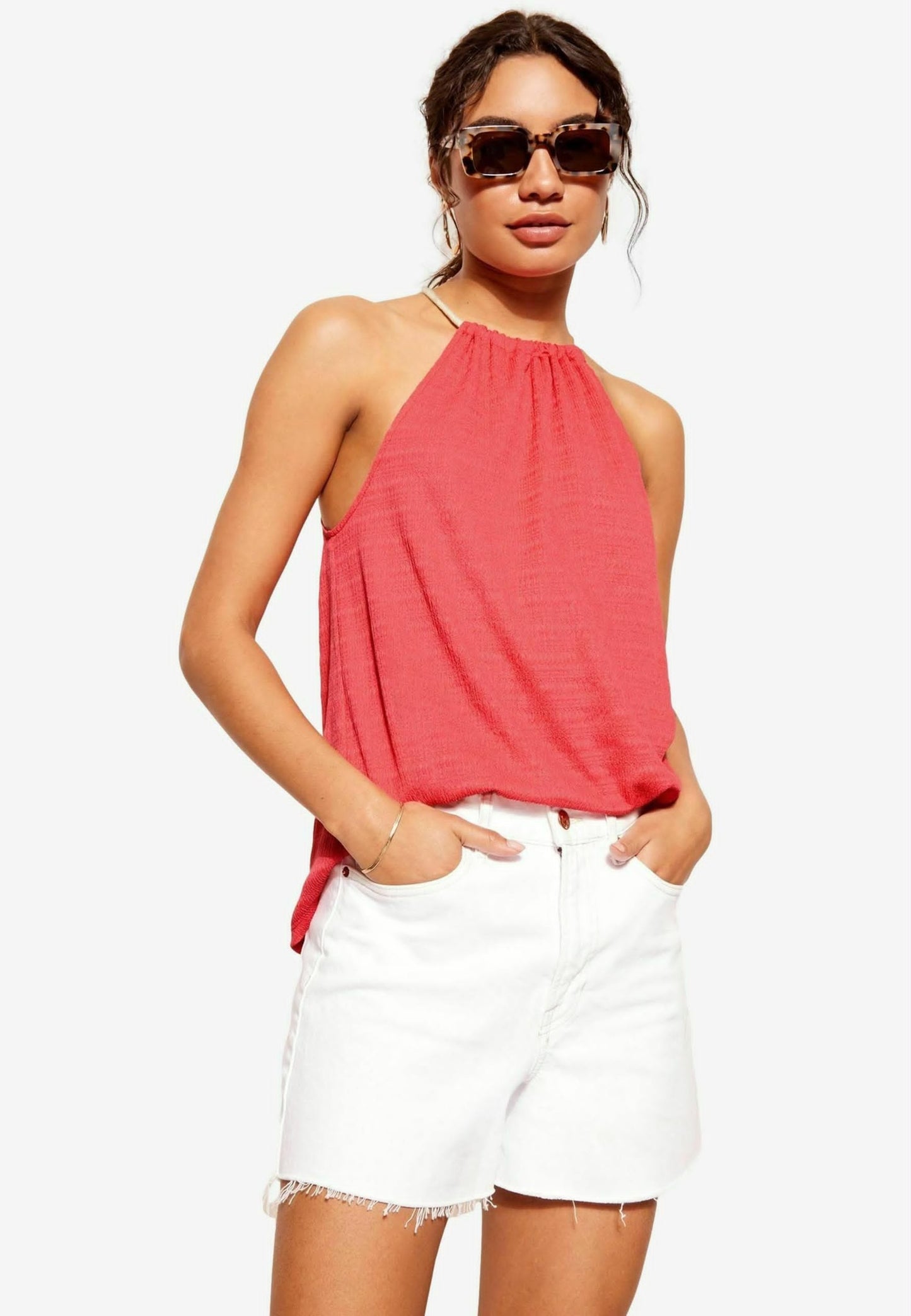 Pink Rope Detail Textured Halter Neck Top