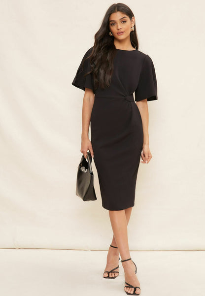 Black Flutter Sleeve Knot Waist Detail Midi Dress