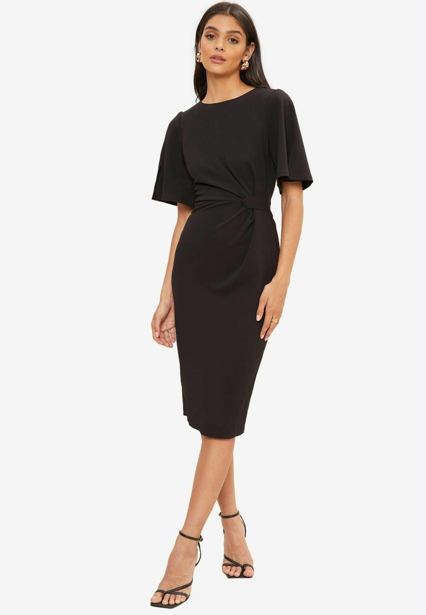 Black Flutter Sleeve Knot Waist Detail Midi Dress