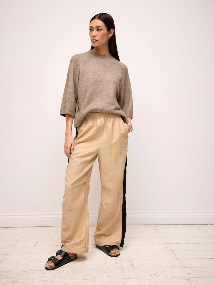 Camel/Black Side Stripe Pull-On Track Pant Trouser