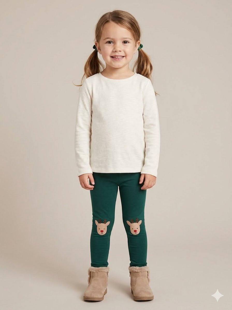 Momi Girls' Winter Reindeer Knee Patch Leggings