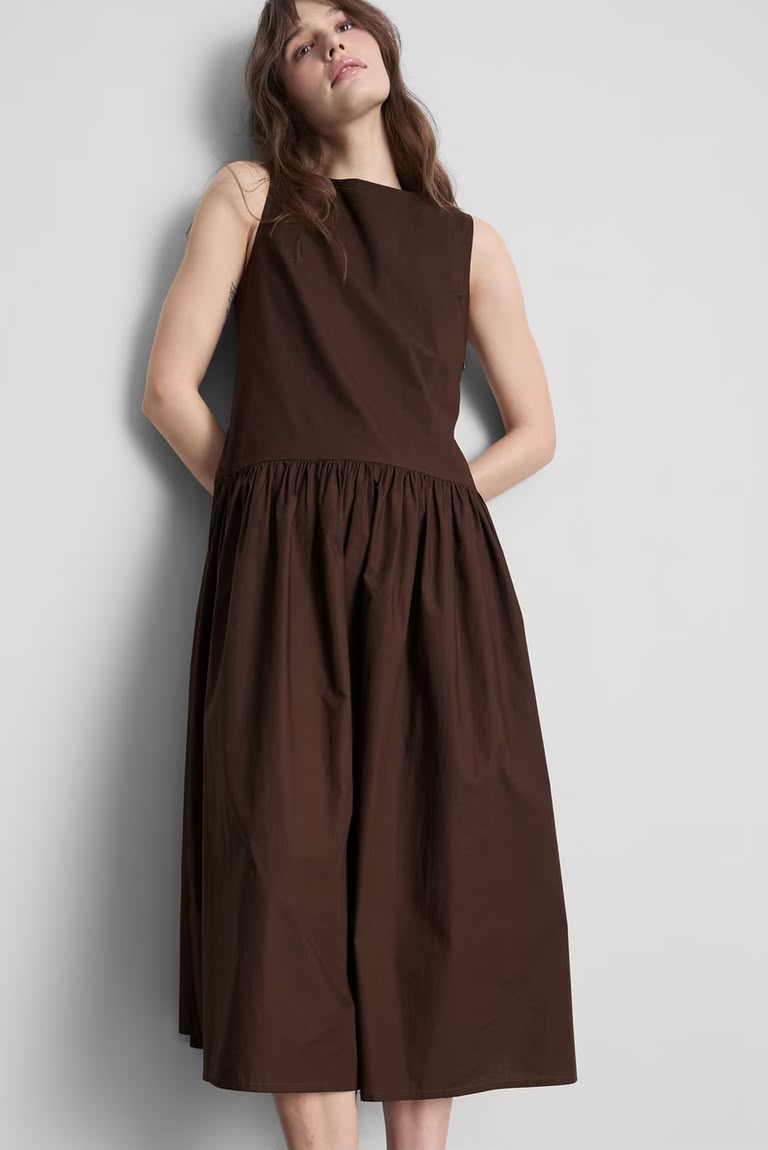 Cotton Poplin Dropped Waist Midi Dress
