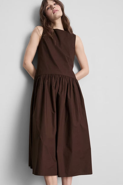 Cotton Poplin Dropped Waist Midi Dress
