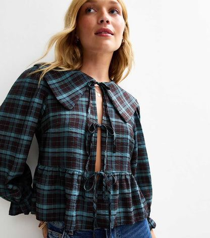 Brown Checked Tie Up Shirt