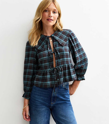 Brown Checked Tie Up Shirt