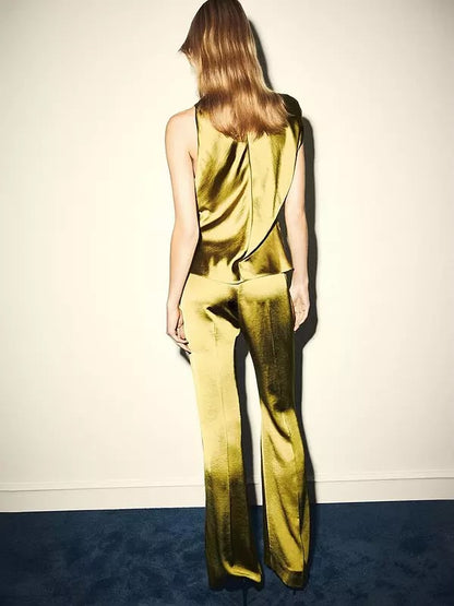 Satin Blouse With Draped Neck Green