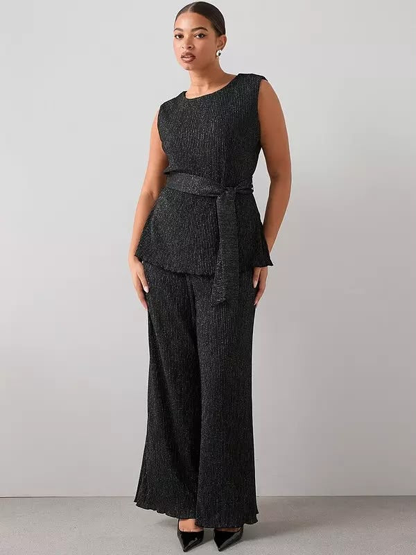 Curve Lurex Plisse Wide Leg Trouser