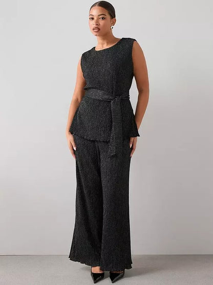 Curve Lurex Plisse Wide Leg Trouser