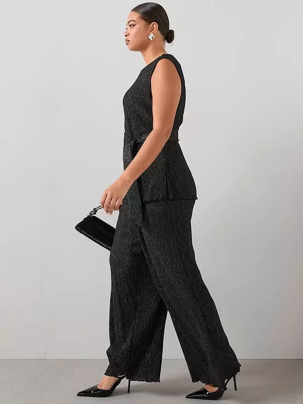 Curve Lurex Plisse Wide Leg Trouser