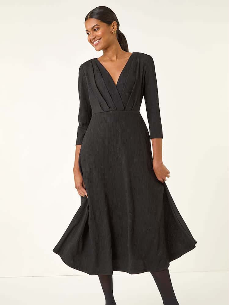 Roman Black Textured Wrap Midi Dress