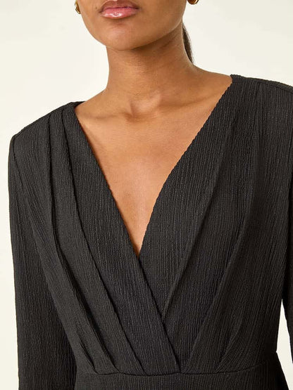 Roman Black Textured Wrap Midi Dress