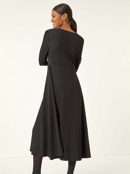 Roman Black Textured Wrap Midi Dress