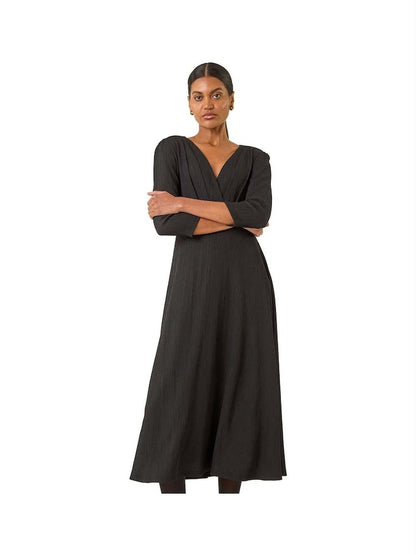 Roman Black Textured Wrap Midi Dress