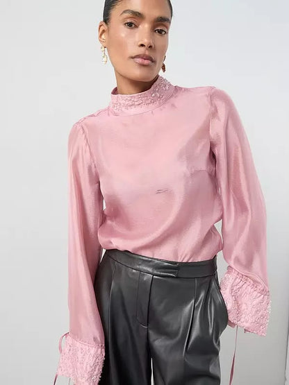 Embellished Neck Detail Sheer Blouse Pink
