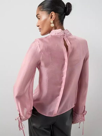 Embellished Neck Detail Sheer Blouse Pink