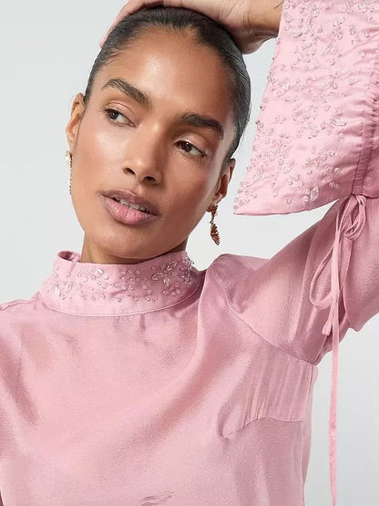 Embellished Neck Detail Sheer Blouse Pink