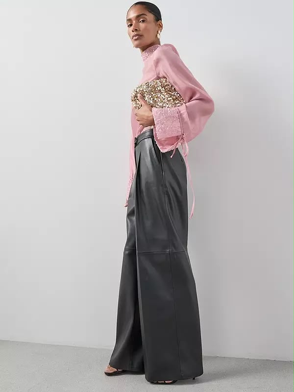 Embellished Neck Detail Sheer Blouse Pink