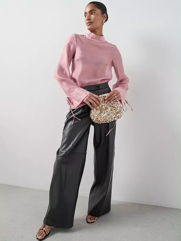 Embellished Neck Detail Sheer Blouse Pink