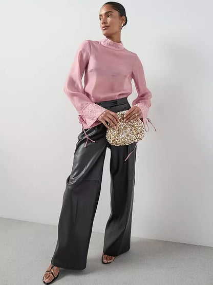 Embellished Neck Detail Sheer Blouse Pink