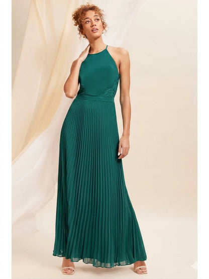 Deep Teal Green Pleated Halter Neck Maxi Dress with Lace Insert Details