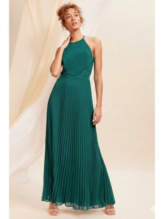 Deep Teal Green Pleated Halter Neck Maxi Dress with Lace Insert Details