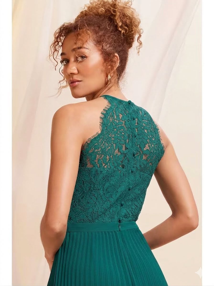 Deep Teal Green Pleated Halter Neck Maxi Dress with Lace Insert Details