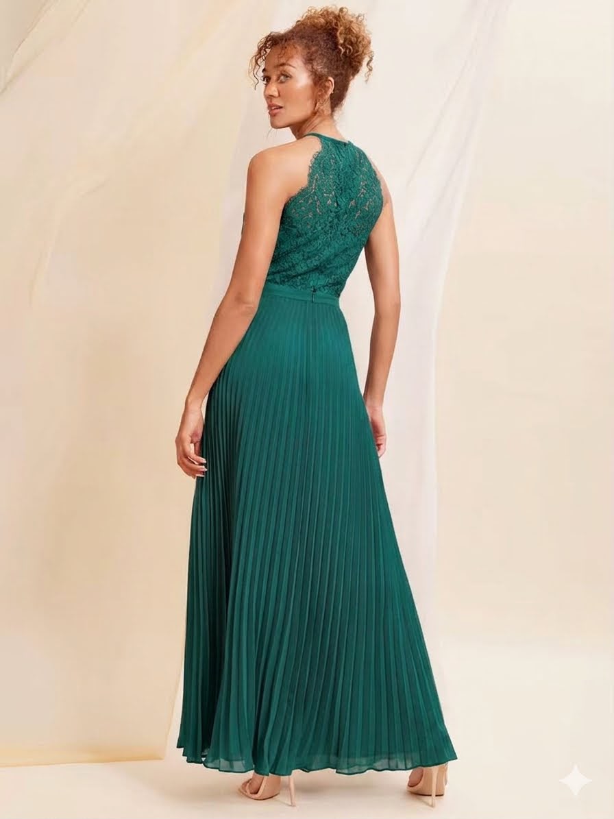 Deep Teal Green Pleated Halter Neck Maxi Dress with Lace Insert Details