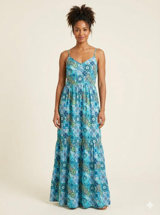 Blue Tile-Print Tiered Maxi Dress