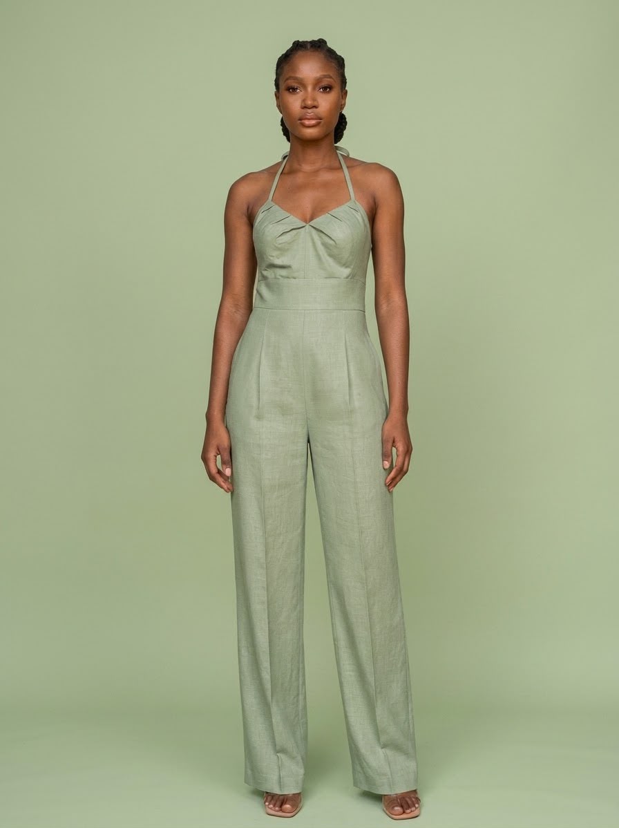 Trendyol Linen Halter Neck Jumpsuit With Beaded Back Detail
