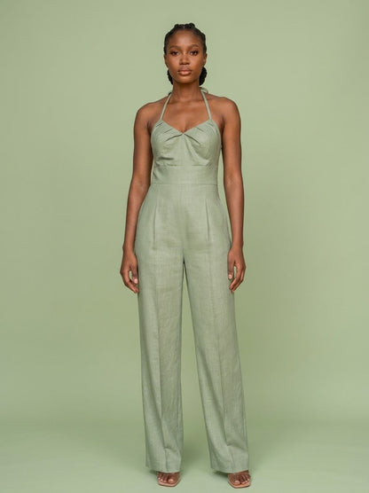 Trendyol Linen Halter Neck Jumpsuit With Beaded Back Detail