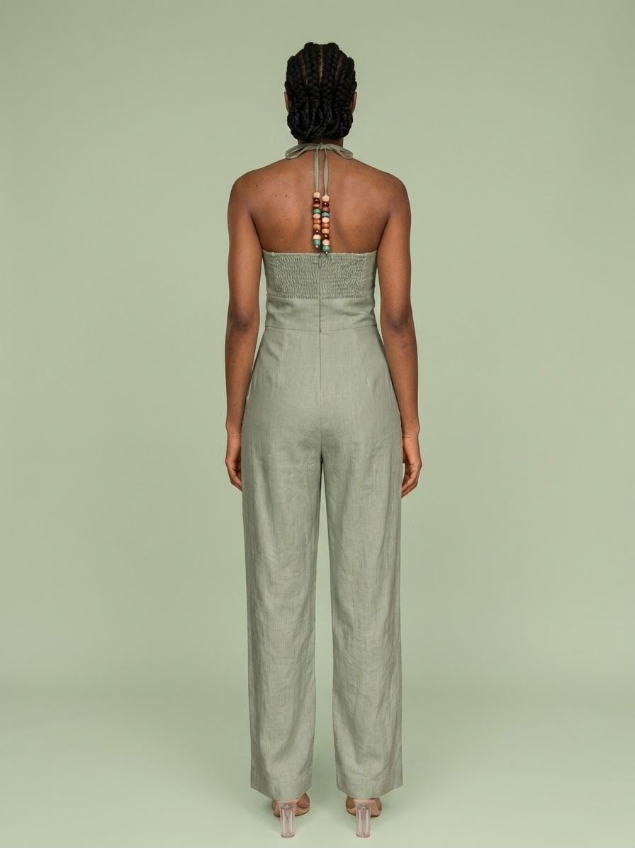 Trendyol Linen Halter Neck Jumpsuit With Beaded Back Detail
