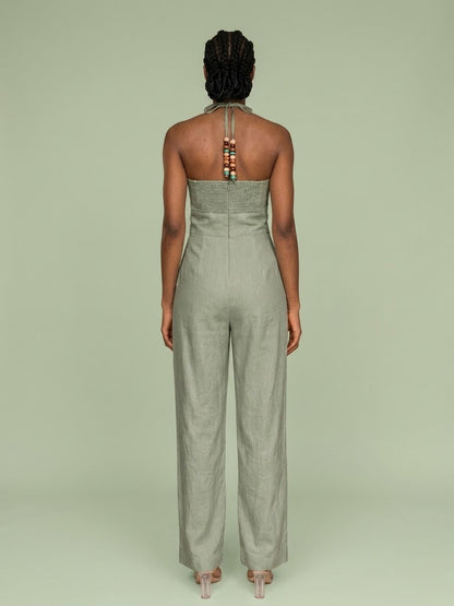 Trendyol Linen Halter Neck Jumpsuit With Beaded Back Detail